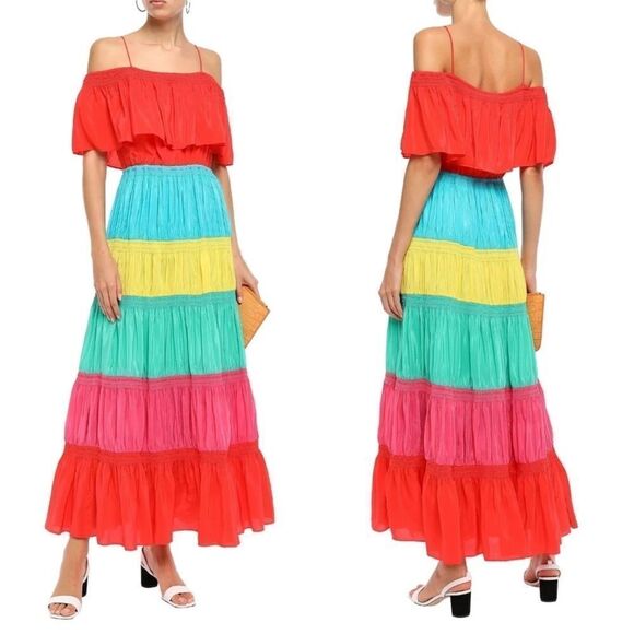 NEW Alice + Olivia Kia Off Shoulder Ruffle Rainbow Stripe Maxi Size 4 - Picture 1 of 11
